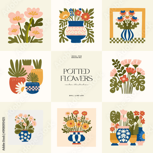 Floral abstract elements. Botanical composition. Modern trendy Matisse minimal style. Floral poster, invite. Vector arrangements for greeting card or invitation design