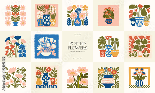 Floral abstract elements. Botanical composition. Modern trendy Matisse minimal style. Floral poster, invite. Vector arrangements for greeting card or invitation design