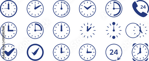 Collection of clock and time icons representing different hours and durations with circular arrows and checkmarks