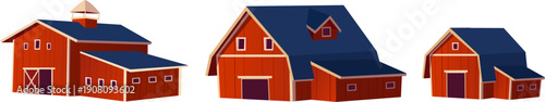 A set of farm barns of various shapes, isolated background.