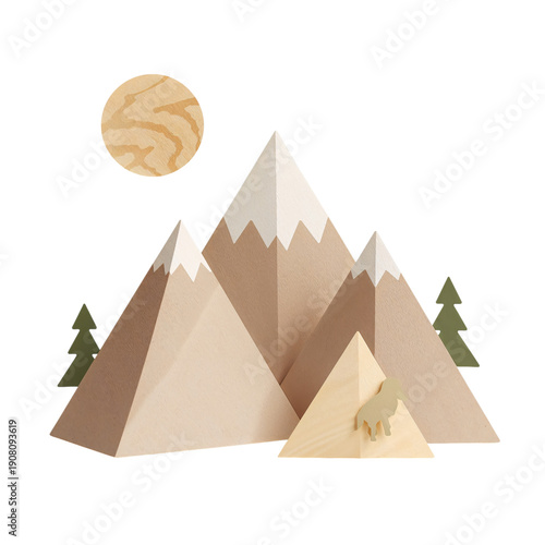 Wooden Mountain Scene With Trees, Sun, and a Figure Positioned Nearby on a Pl...