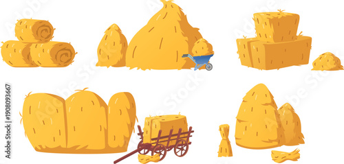 A set of various haystacks, piles, bales, and rolls, with a wooden and iron cart.