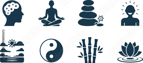 A comprehensive set of dark blue silhouette icons representing concepts of tranquility, meditation, and holistic well being