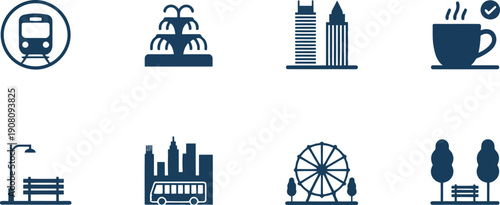 A comprehensive set of modern blue icons representing urban infrastructure and leisure activities