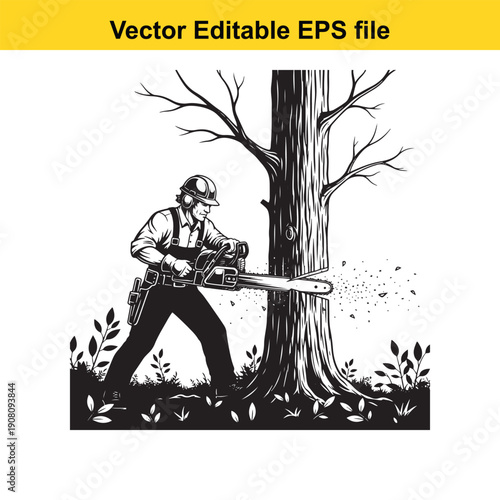  lumberjack cutting down tree with chainsaw isolated on white background