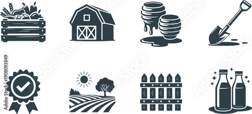 A comprehensive set of dark silhouette farm and agriculture icons representing rural life
