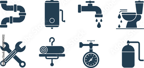 A comprehensive set of plumbing fixtures and maintenance tools including pipes and a leaking toilet