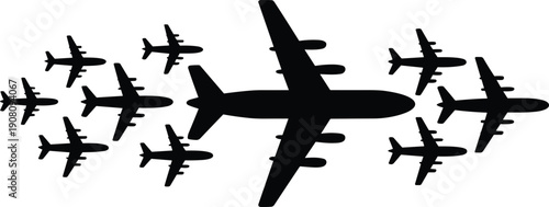 Large formation of black airplane silhouettes flying in squadron pattern representing air travel and cargo fleet