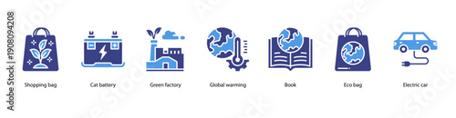Green Innovation web banner illustration featuring Shopping bag, Cat battery, Green factory, Global warming, Book, Eco bag, and Electric car.