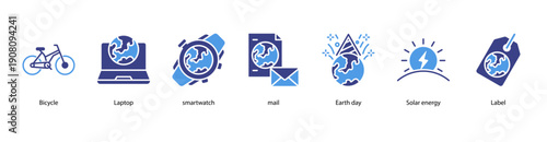 Eco Technology web banner illustration featuring Bicycle, Laptop, Smartwatch, Mail, Earth day, Solar energy, and Label.