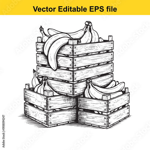  black and white illustration of stacked banana crates isolated on white background