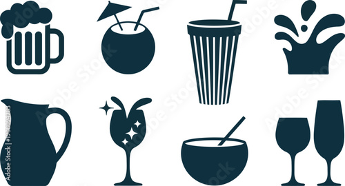 A diverse collection of beverage icons including beer, tropical cocktails, and other refreshing drinks