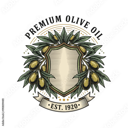 Premium Olive Oil Vintage Label with Shield and Olive Branches.