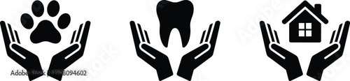 Solid black icons of hands protecting animal paw and tooth and house for medical insurance and home security services