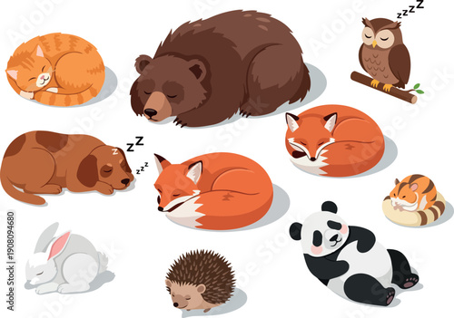 Various animals sleeping peacefully in a serene environment from a top-down viewpoint