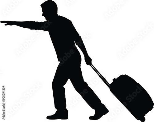 Man with suitcase walking and pointing, silhouette illustration, person traveling alone, journey, transportation scene