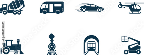 A diverse group of dark blue transportation icons features vehicles like a car, helicopter, and different trains