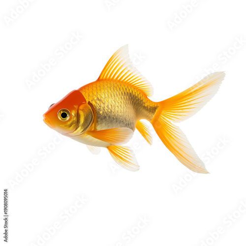 Bright Goldfish Swimming in Clear Water With Fins Spread Wide and Tail Flowin...