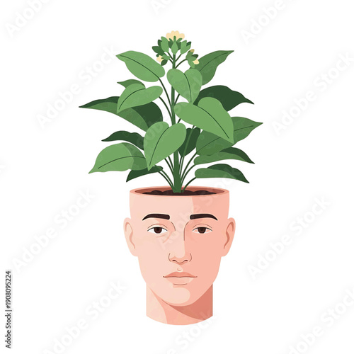Plant blooming from man's head, flat illustration, green and peach, mental growth concept