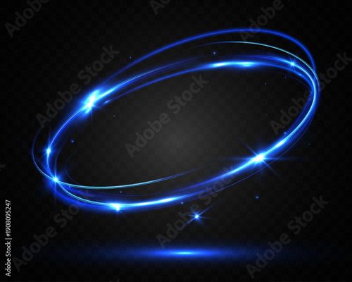 Glowing blue neon light ring with sparkles and motion trail on dark opaque background, futuristic energy circle effect.