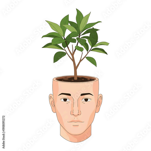 Tree growing from man's open head, flat illustration, green and peach, mental growth concept