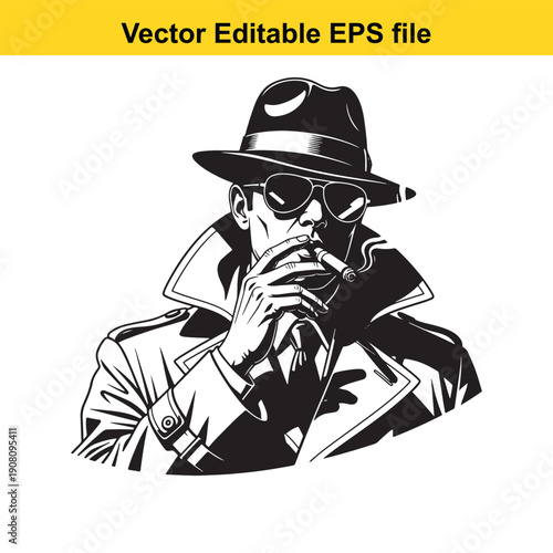  man in trench coat and hat thinking deeply isolated on white background