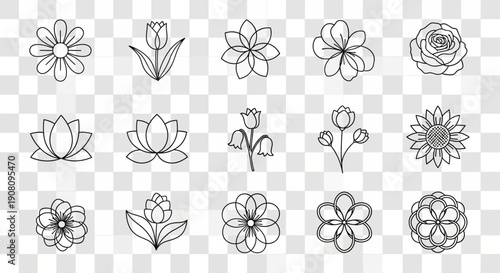A collection of simple line art flower icons featuring various floral designs like daisies, tulips, and lotus flowers on a transparent background.