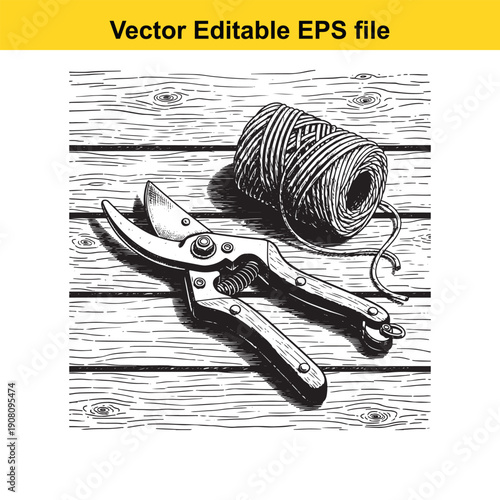  black and white illustration of pruning shears and twine on wooden planks isolated on white background