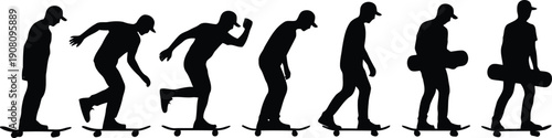 A sequence of black silhouettes shows a skateboarder in different dynamic poses on a white background