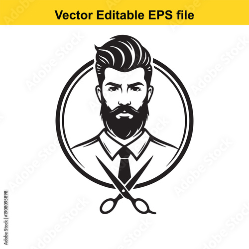 vector illustration of a bearded man with scissors isolated on white background