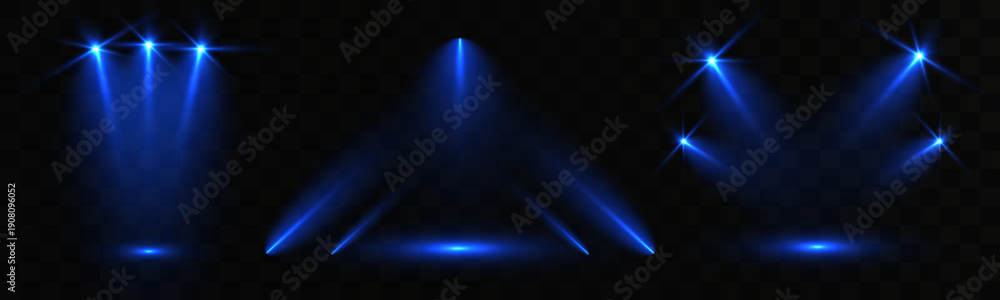 Obraz premium Blue stage spotlights with glowing beams and lens flares on dark opaque background, concert lighting abstract effect.