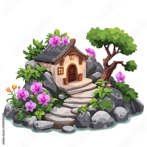 Forest Scene With Mushrooms Under Trees at Dusk in Nature