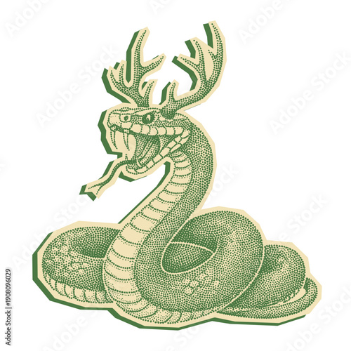fierce snake with deer antlers in vintage halftone stippling style illustration