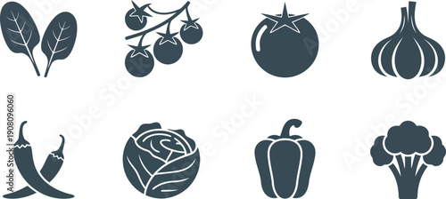 A selection of fresh garden vegetables and produce items depicted as black silhouette symbols on white