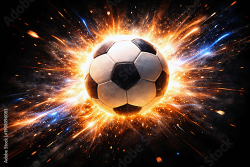 A soccer ball exploding with cosmic energy and vibrant light bursts