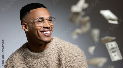 Smiling man in neutral clothing looking aside with flying dollar bills around him, concept of financial success, happiness, wealth and new opportunities