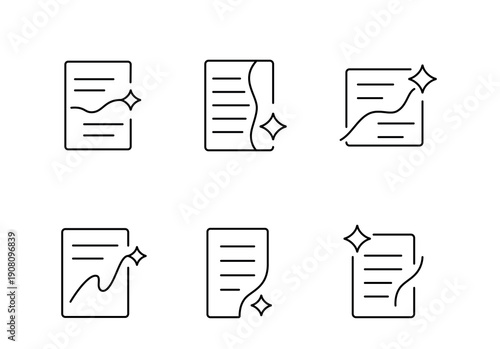A set of vector icons representing text enhancement, tone improvement, and writing style optimization, created in line style with editable stroke