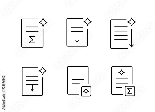 A set of vector icons representing document formatting, content optimization, and smart text generation, created in line style with editable stroke