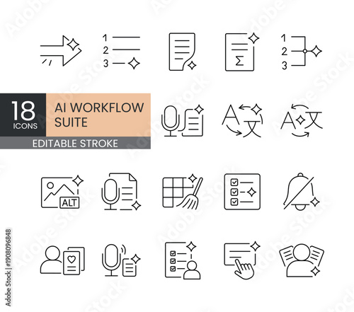 A set of editable stroke vector icons for AI workflow automation and productivity tools, designed in clean modern line style