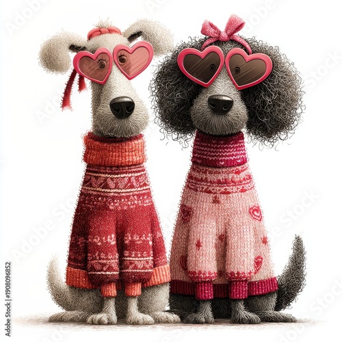 Cute cartoon Valentine's Day card: two dogs in knitted sweaters, a romantic couple