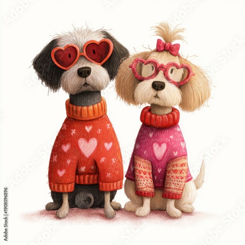 Cute cartoon Valentine's Day card: two dogs in knitted sweaters, a romantic couple