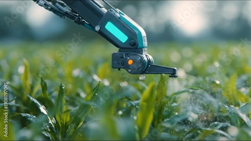 High-tech robotic arm precisely sprays green crops in a modern field, highlighting advanced automation and sustainable practices in future smart agriculture