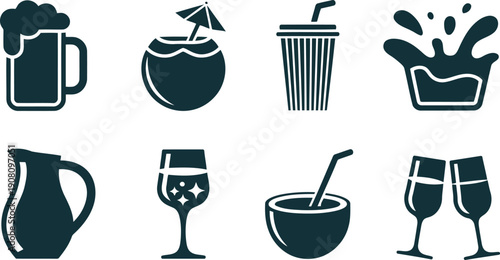 A variety of dark blue drink icons show different types of beverages and their serving vessels