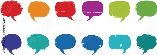 Twelve colorful brushstroke speech bubbles in varied shapes and hues arranged on black background, hand-painted artistic communication design elements