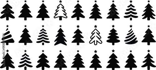 An assortment of black Christmas tree symbols with stars displayed against a clean white background for festive designs