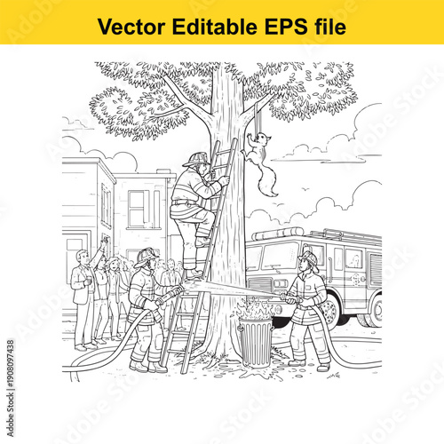  firefighters rescuing a person from a tall tree with a truck