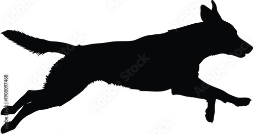 Dynamic black dog silhouette running swiftly across open space illustration from side