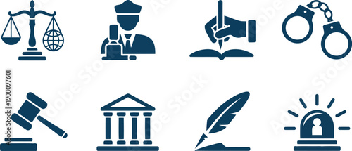 An illustrative set of dark blue legal and justice icons suitable for governmental or public service communication