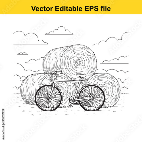 black and white illustration of bicycle with hay bales isolated on white background