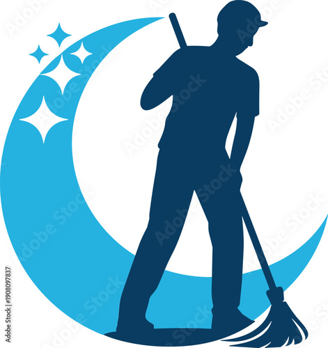 Night cleaning silhouette illustration, janitorial service artwork, workplace hygiene graphic design, mop and moon vector, maintenance icon pack collection